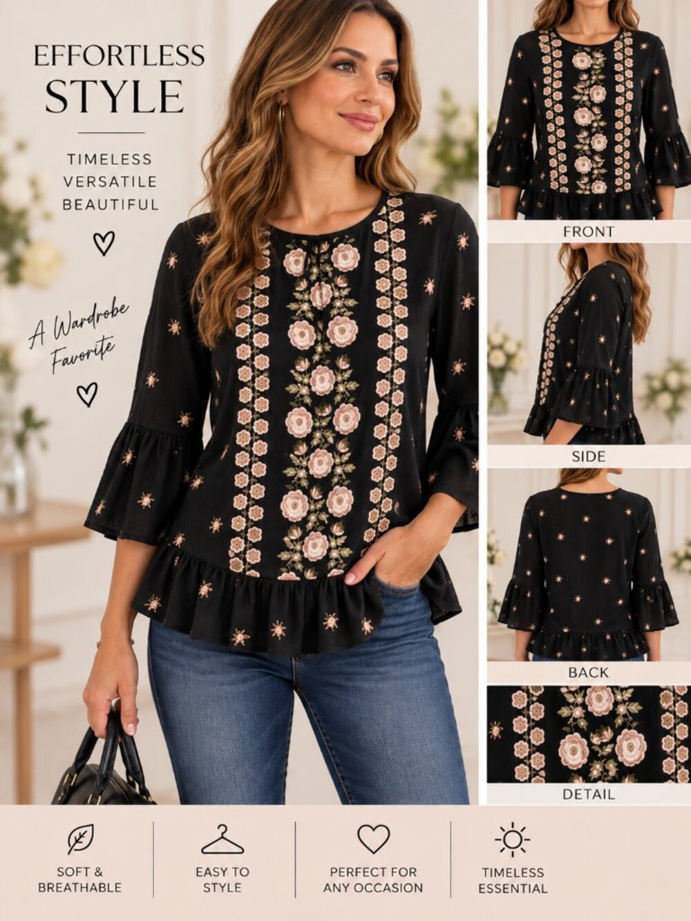 NWOT Style & Co Black Top w/ Gold Floral Detail Size M